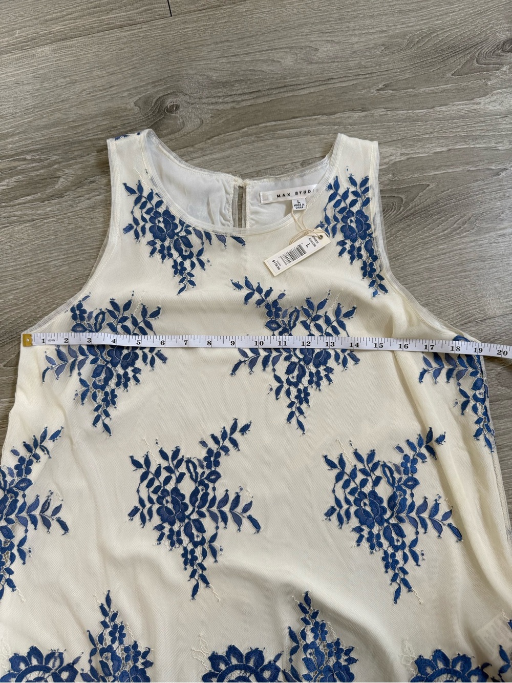 Max Studio Lace Cream Tank with Blue Floral Embroidery - Dressy - Picture 5 of 6